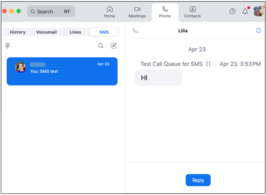 Screeshot shows SMS for Zoom Phone CQ